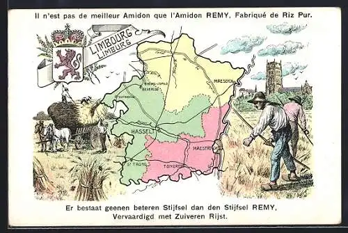 AK Hasselt, geografische Karte von Limbourg mit Wappen, Bauern bei der Ernte