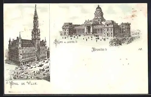Künstler-AK Bruxelles, Palais de Justice, Hôtel de Ville