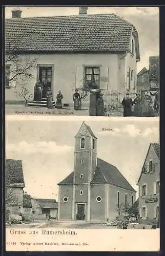 AK Rumersheim, Spezereihandlung v. F. X. Gross, Kirche