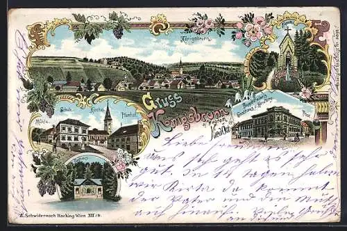 Lithographie Königsbrunn am Wagram, Gasthaus & Handlung Doppelreiter, Kapelle mit Fontaine, Badhaus