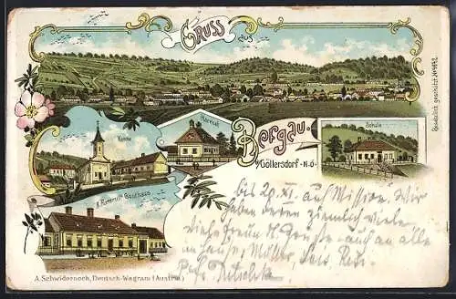 Lithographie Göllersdorf /N.-Oe., Bergau, A. Rammels Gasthaus, Kirche, Pfarrhof, Schule, Ortsansicht