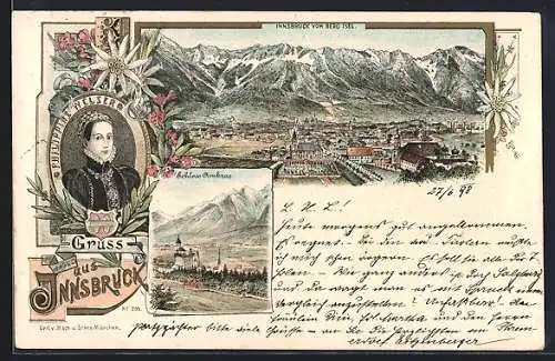 Lithographie Innsbruck, Ortsansicht vom Berg Isel aus, Schloss Ambras