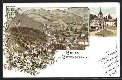 Lithographie Gutenstein /N. Ö., Kirche auf dem Mariahilfberg und Totalansicht, Reklame für Franck-Caffee-Zusatz
