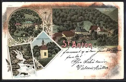 Lithographie St. Anton a. d. Jessnitz, Winterbach, Kalfarien-Kapelle, Treffingfall und Winterbach