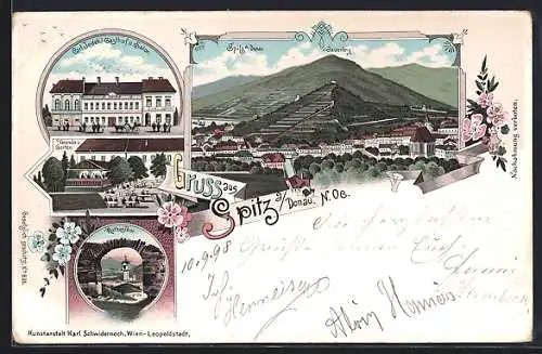 Lithographie Spitz a. Donau, Carl Jedeks Gasthof und Salon, Rothes Thor, Veranda und Garten, Jauerling