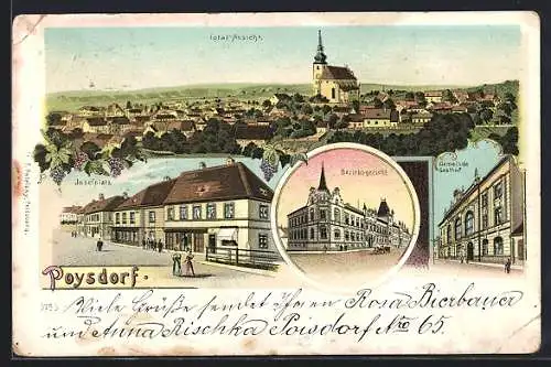 Lithographie Poysdorf, Gemeinde-Gasthof, Bezirksgericht, Josefplatz