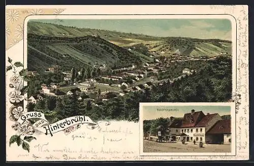 Lithographie Hinterbrühl, Gasthaus Höldrichsmühle und Totalansicht