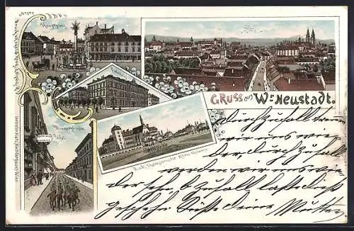 Lithographie Wiener Neustadt, Ortsansicht, Hauptplatz, Militärakademie, Realschule, Wienerstrasse