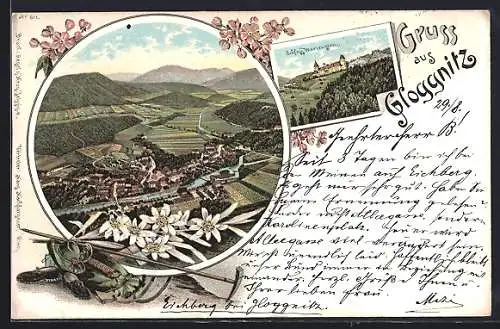 Lithographie Gloggnitz, Schloss Wartenstein, Totalansicht, Passepartout mit Edelweiss und Wanderstock