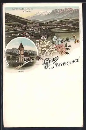 Lithographie Payerbach, Ortsansicht mit der Raxalpe, Kirche