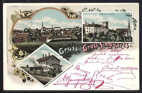 Lithographie Gross-Siegharts, Totalansicht, Schloss & Kirche, Bahnhof
