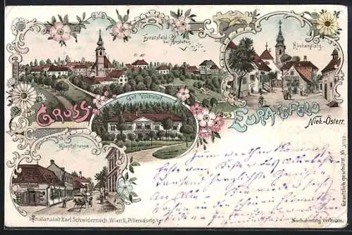 Lithographie Euratsfeld, Kirchenplatz, Hauptstrasse, Gut Völkrahof