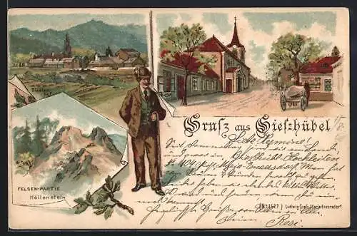 Lithographie Giesshübl /N.-Oe., Tirolerhof, Felsenpartie Höllenstein, Strassenpartie