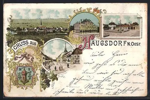 Lithographie Haugsdorf, Strassenpartien, Ortsansicht, Wappen