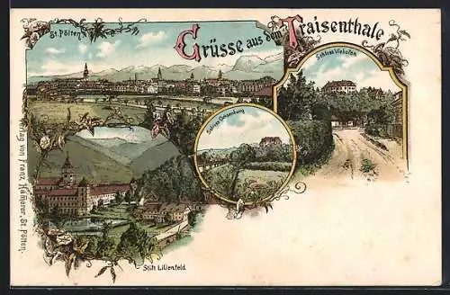 Lithographie St. Pölten, Ortsansicht, Schloss Viehofen, Stift Lilienfeld, Schloss Ochsenburg
