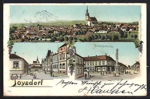 Lithographie Poysdorf, Dreifaltigkeitsplatz, Gesamtansicht mit Kirche