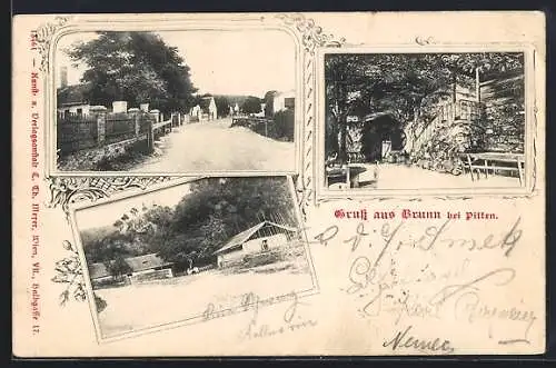 AK Brunn b. Pitten, Strassenpartie, Hof, Garten