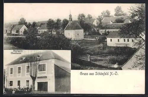 AK Schönfeld /N.-Ö., Burians Gasthaus, Ortsansicht mit Kirche