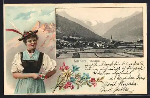 AK Mieders /Stubaital, Ortsansicht aus der Vogelschau, Frau in Tracht