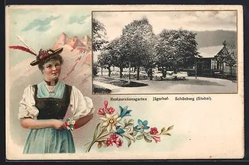AK Schönberg /Stubai, Restaurationsgarten Jägerhof, Frau in Tracht