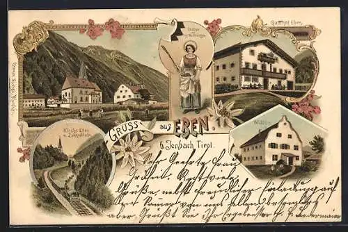 Lithographie Eben am Achensee, Gasthof, Kirche mit Zahnradbahn