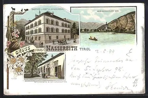 Lithographie Nassereith /Tirol, Gasthof z. Post v. C. Sterzinger, Speisesaal u. Schankgarten, Nassereither See