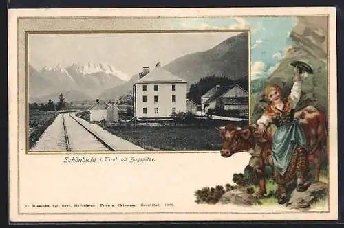 AK Schönbichl i. Tirol, Ortsansicht mit Zugspitze, Mädel in Tracht