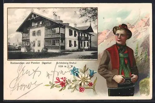 Passepartout-Lithographie Schönberg-Stubai, Restauration & Pension Jägerhof, Mann in Tracht