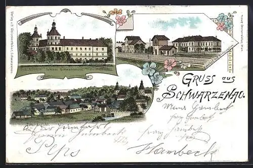 Lithographie Schwarzenau /Waldviertel, Bahnhof, Schloss, Panorama