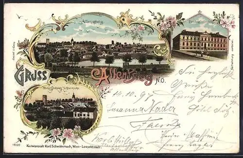 Lithographie Allentsteig /N.Ö., Landessiechenhaus, Oberer Stadtplatz m. d. Pfarrkirche, Gesamtansicht