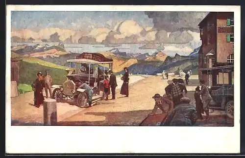 Künstler-AK Pordojjoch, Ortspartie mit Postkraftwagen
