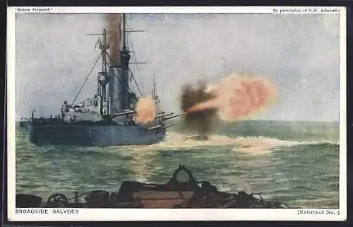 AK Broadside salvoes, britisches Kriegsschiff feuert Salven ab