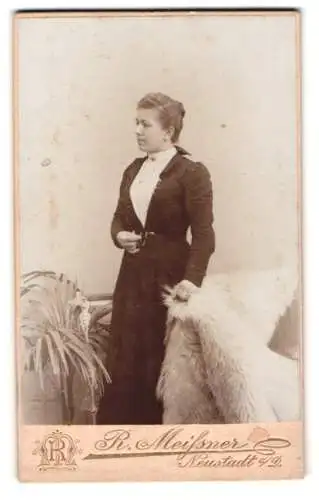 Fotografie R. Meissner, Neustadt a. D., Elegante Dame mit Fell