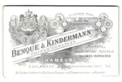 Fotografie Benque & Kindermann, Hamburg, Esplanade 2, gedruckte Medaillen und Anschrift des Atelier
