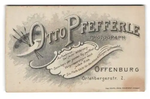Fotografie Otto Pfefferle, Offenburg, Ortenbergerstr. 2, Fotografen Name mit Malpalette und Anschrift des Atelier