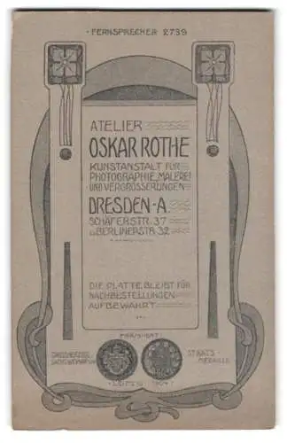 Fotografie Oskar Rothe, Dresden, Schäferstr. 37, Anschrift des Ateliers mit Dienstleistungen mit Jungedstil Umrandung