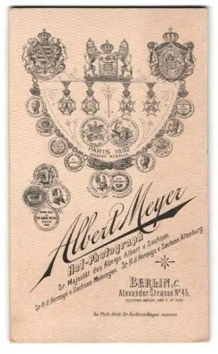 Fotografie Albert Meyer, Berlin, Alexander-Strasse 45, gedruckte Medaillen und Orden samt kgl. Wappen