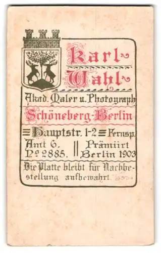 Fotografie Karl Wahl, Schöneberg-Berlin, Hauptstrasse 1-2, Wappen von Schöneberg mit Anschrift des Atelier