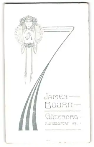 Fotografie James Bourn, Göteborg, Kungsgatan 47, Frauenkopf im Jugendstil mit Monogramm des Fotografen