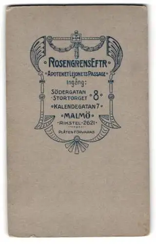 Fotografie Rosengrens Eftr., Malmö, Södergatan 8, Anschriften der Ateliers mit Jugendstil Verzierung