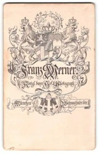 Fotografie Franz Werner, München, Schwanthaler Str. 1, kgl. Wappen und Münchner Kindl mit Anschrift des Ateliers