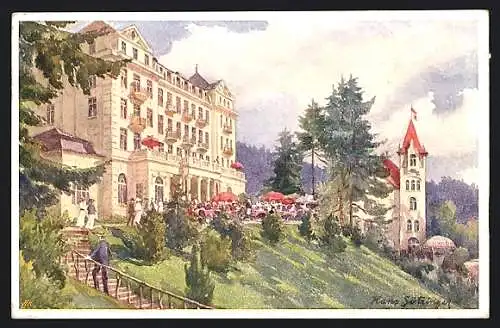 Künstler-AK Hans Götzinger: Marienbad, Hotel Esplanade und Villa Waldidylle