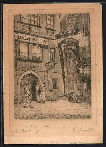 Künstler-AK Wien, Geschäft Crawatten-Kalman mit Passanten