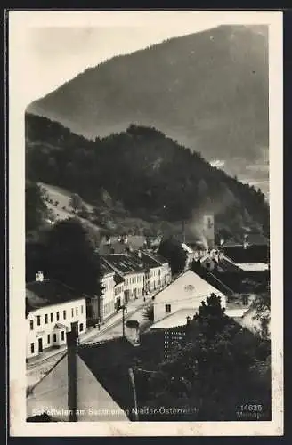 AK Schottwien am Semmering, Ortsansicht mit Kirche aus der Vogelschau