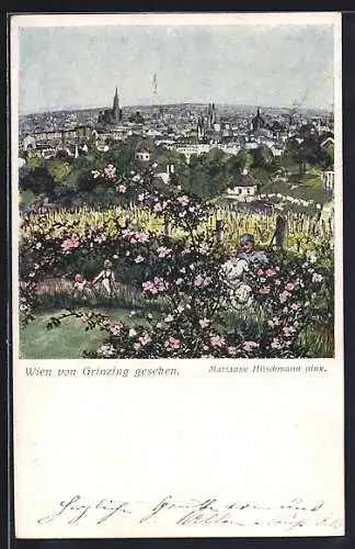 Künstler-AK Wien, Ortsansicht von Grinzing aus, mit Paar in Blumen-Idylle
