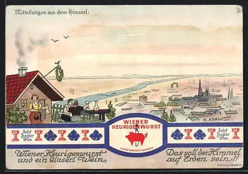 Künstler-AK R. Adam: Wiener Heurigenwurst, Blick über die Stadt vom Weingarten aus, Reklamekarte