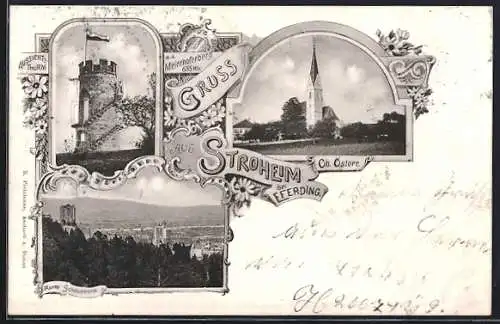 AK Stroheim bei Eferding, Ruine Schaunburg, Kirche, Turm