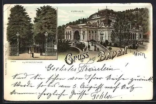 Lithographie Baden b. Wien, Kurhaus und Kurpromenade