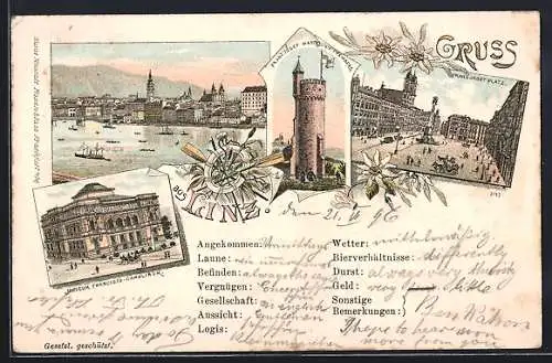 Lithographie Linz, Museum Francisco Carolinum, Franz Josef Warte a. d. Freinberg, Franz Josef-Platz