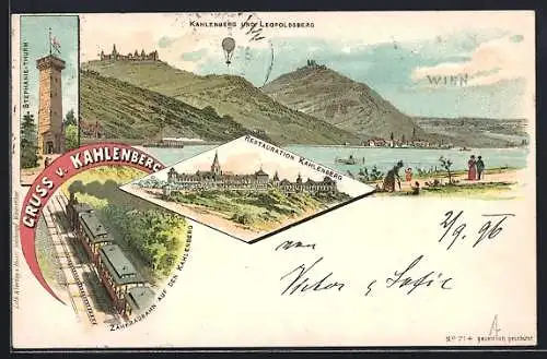 Lithographie Wien XIX, Ballon, Restauration Kahlenberg, Zahnradbahn auf den Kahlenberg, Stephanie-Thurm, 4 Ansichten